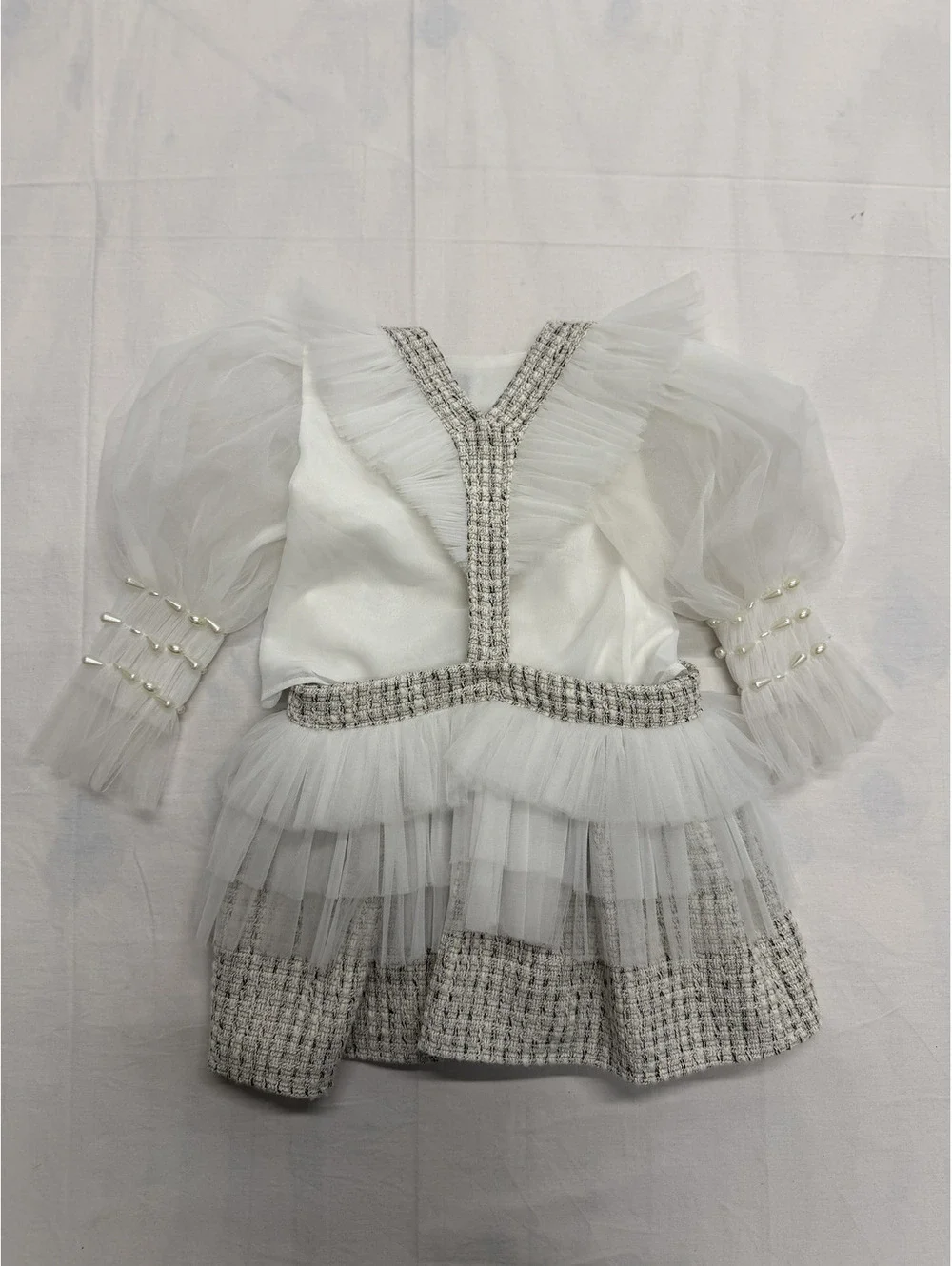 Petite Maison Kids White Tulle and Tweed Dress with Pearl Details and Black Bow